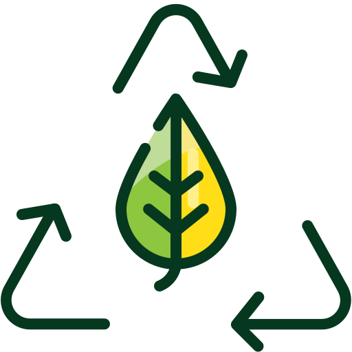 Recycle icon with leaf at the middle.